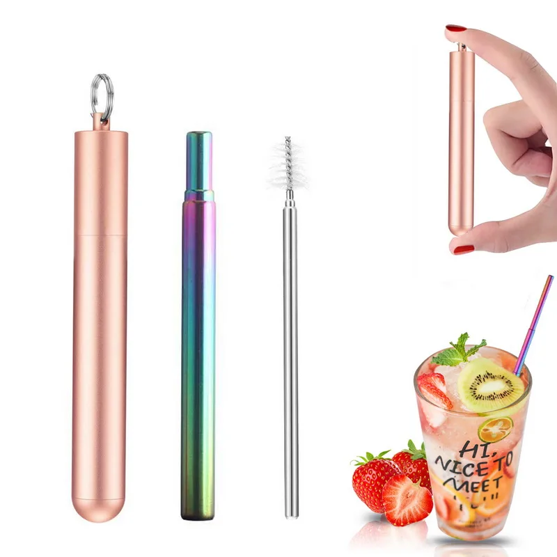 rose gold style B 1 Набор телескопические многоразовые трубочки щетка для чистки металлическая соломинка вечерние инструменты портативная нержавеющая сталь Питьевая солома с чехол для путешествий - Цвет: rose gold style B