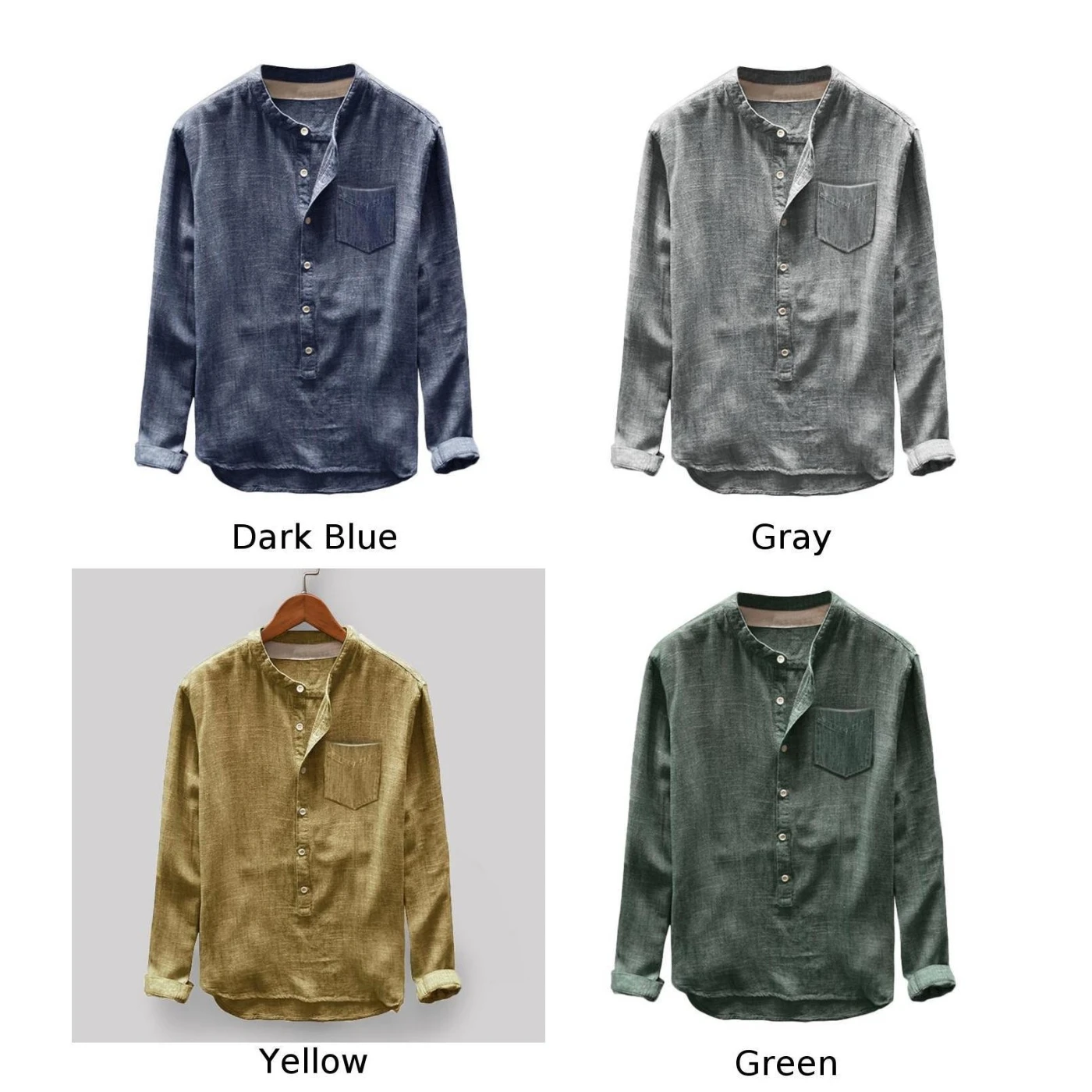 

Men Loose Stand Collar Long Sleeve Single Button Pocket Solid Color Shirt Tops