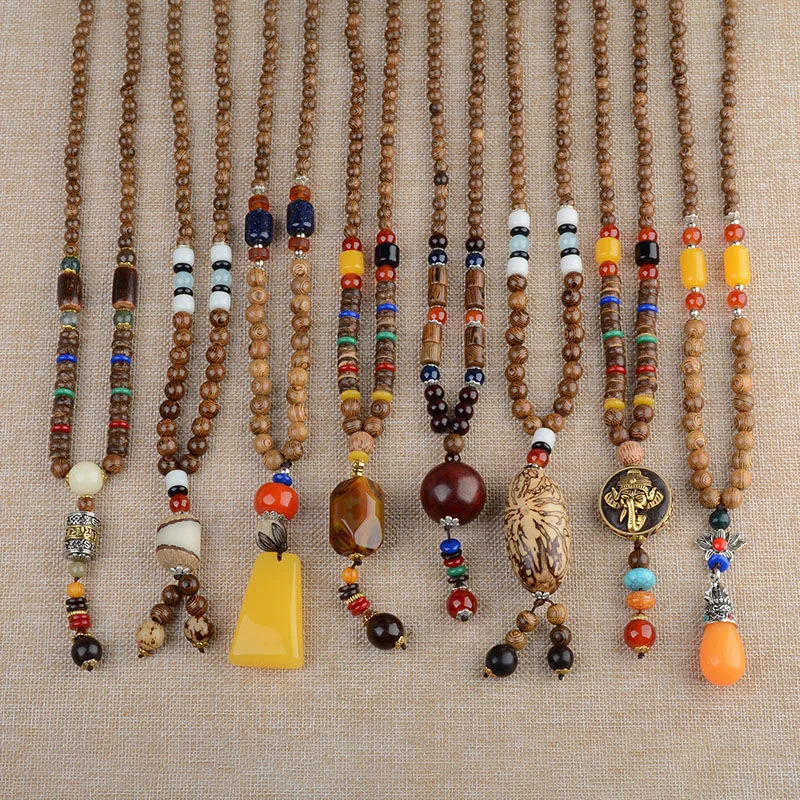

Handmade Necklace Nepal Buddhist Mala Wood Beads Pendant & Necklace Ethnic Fish Horn Long Statement Men Women's Jewelry