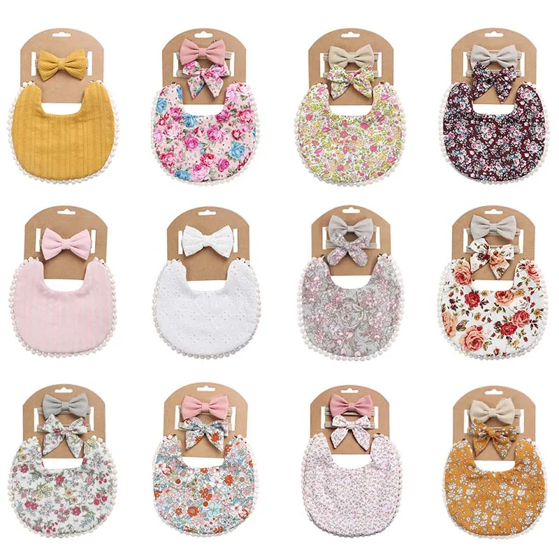 

For Boys Girls Double Side Bibs Floral Print Baby Headband with Tassel 1Set Saliva Towel Feeding Smock Stuff Burp Cloths