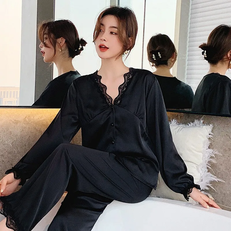Casual Pajamas Women Sleepwear Satin Two Piece Set Lace Shirt&Pants Sexy Button-Down Loungewear Comfy Pyjamas PJS Suit