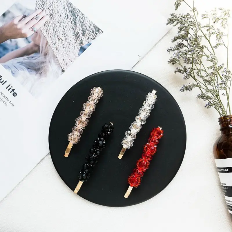 

Women Girls Metal One Word Hair Clips Four Flower Imitation Crystal Jewelry Bobby Pins Casual Side Bangs Barrette