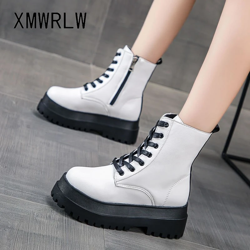 

XMWRLW Women's Platform Boots Autumn PU Leather Thick Sole Female Ankle Boots Women Autumn Shoes High Heels Boot Platform Shoes