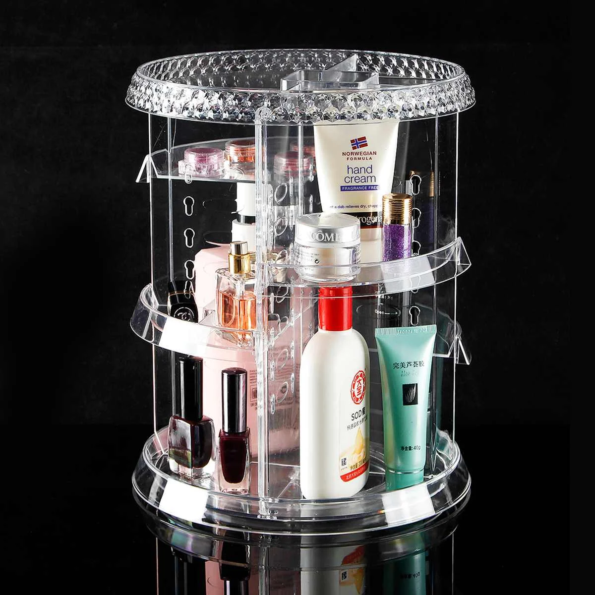 

360 Degree Rotating Cosmetic Storage Rack Box Makeup Organizer Fashion Crystal Shelf Display Spinning Stand Holder High Capacit