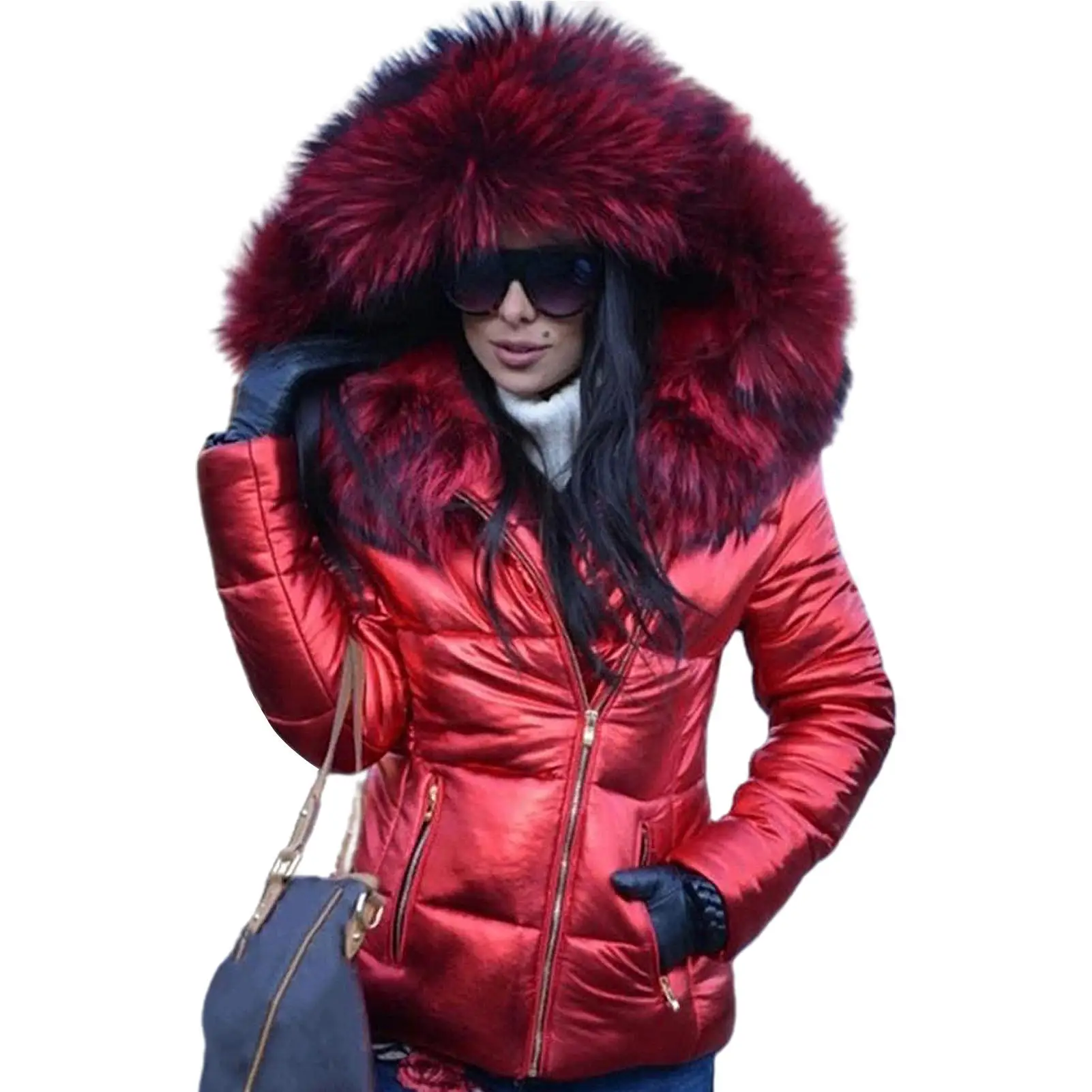 

Women Autumn Winter Faux Fur Hood Zipper Warm Down Coat Outdoor Parka Outerwear Short Jacket