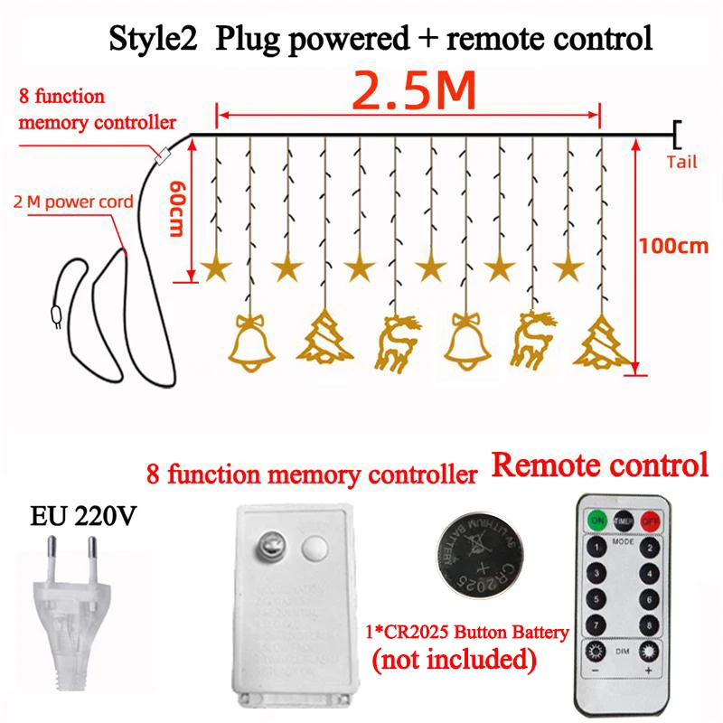 

2.5M LED Christmas Deer Tree Bells Star String Fairy Lights Curtain Light Outdoor Garland For Home Party New Year Wedding Decor