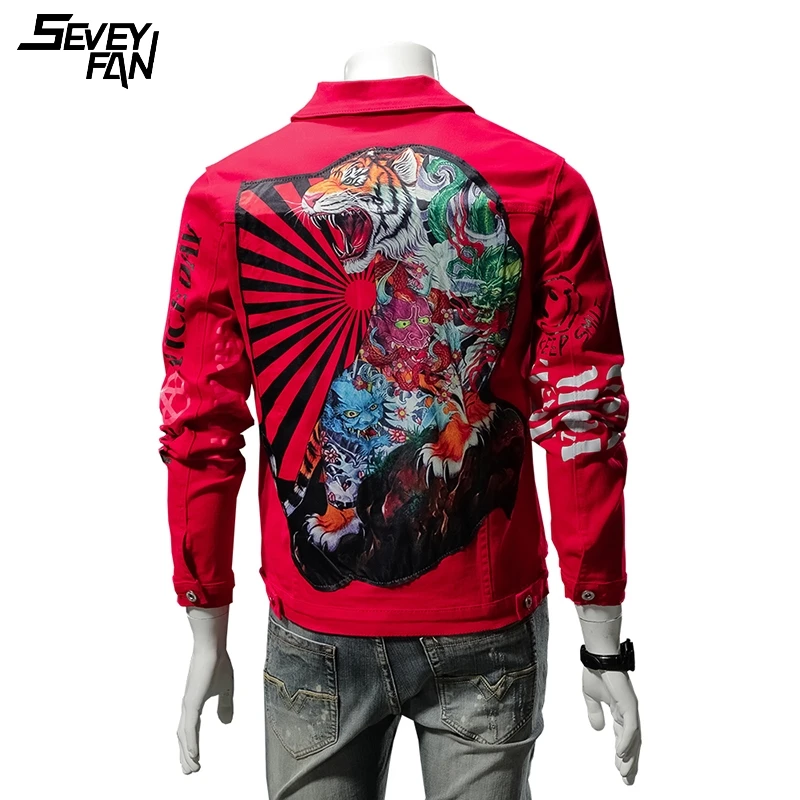 Джинсовая куртка мужская с принтом тигра Модная приталенная из денима в стиле