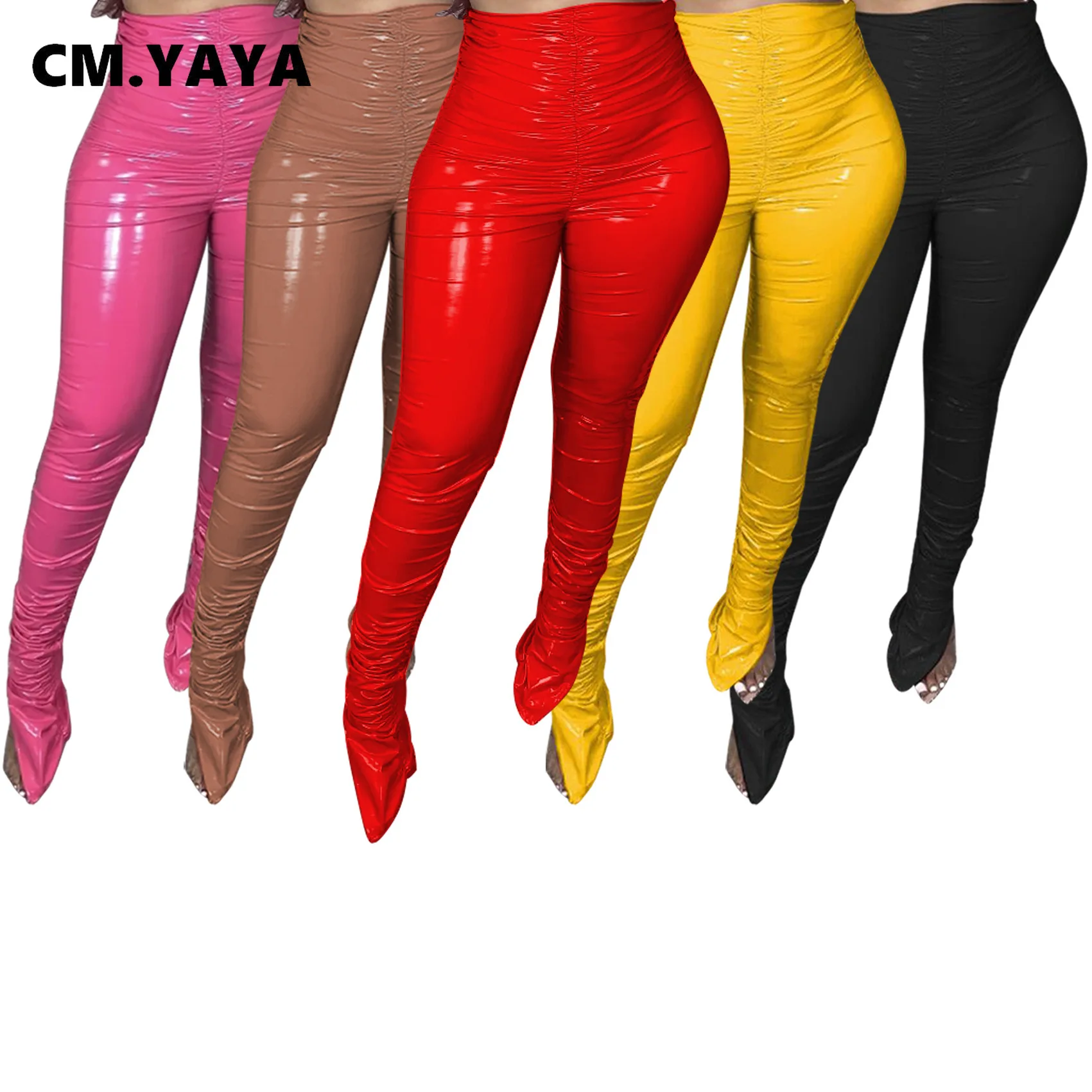 

Осенне-зимние уличные яркие женские брюки CM.YAYA из искусственной кожи с рюшами, спортивная одежда с высокой талией и разрезом, спортивные брю...
