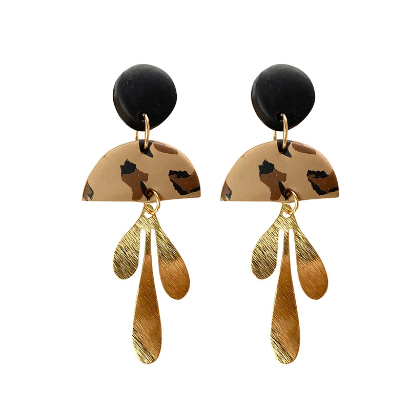 

Blucome New Creative Polymer Clay Earrings Chic Vintage Drop Earrings Geometric Shape Gold Foil Design Leopard Print Earrings