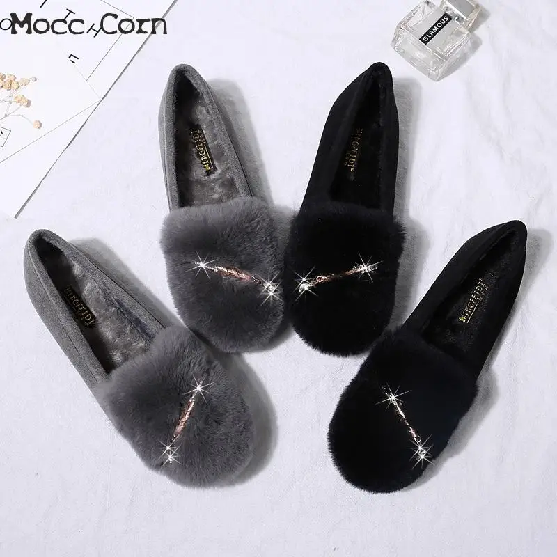 Зимние теплые меховые лоферы Женская обувь на плоской подошве из плюша Женские