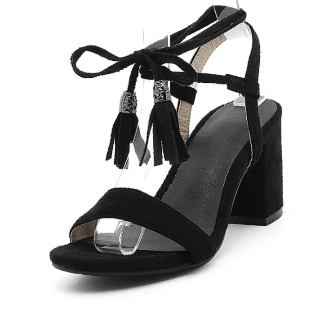 

Pointed bandage shoes thick heel shoes women's new fashion middle heel back empty lace up Sandals Size 32-43