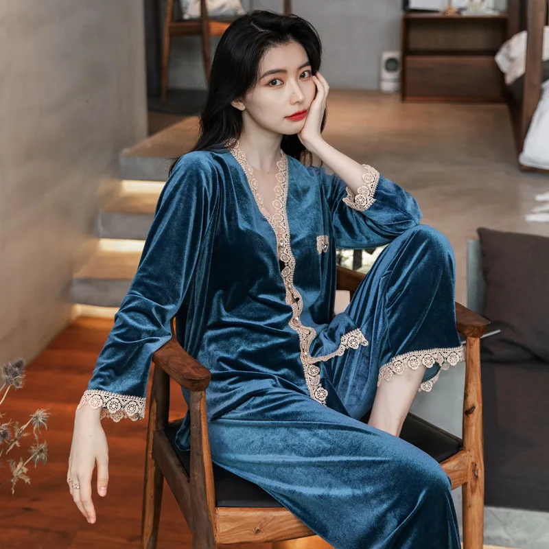 

Autunm Winter New Women Velour Long Sleeve Pajamas Suit Lace Two Piece Set Ladies Sleepwear Loose Casual Homewear Nightwear