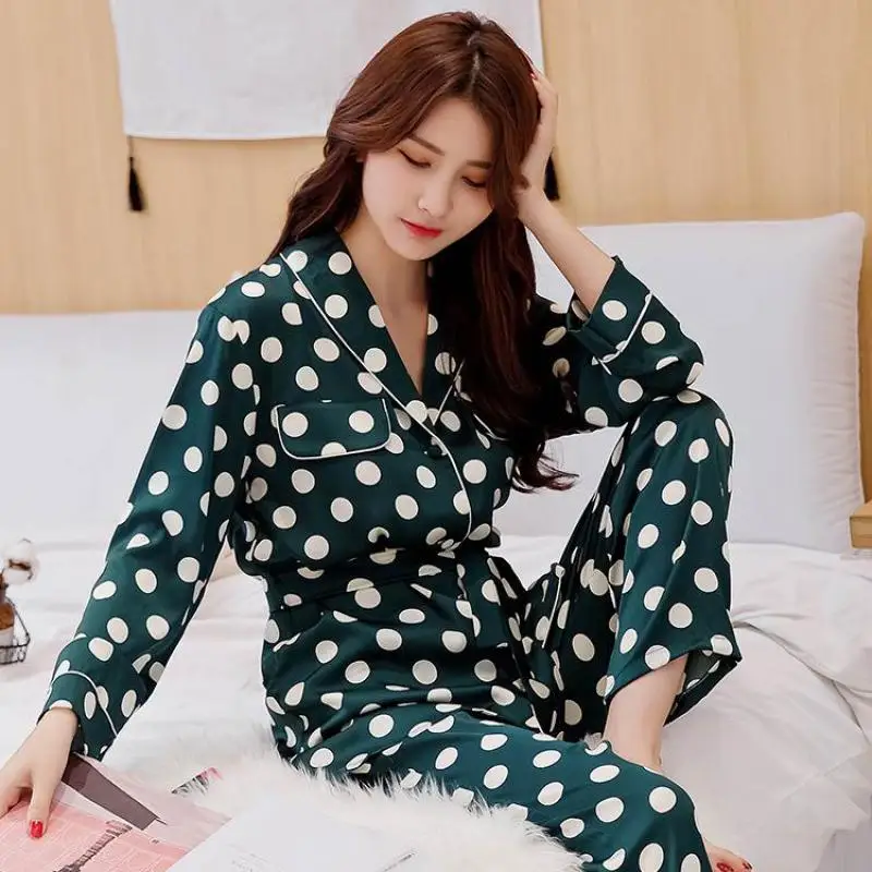 

2021 New Green Polka Dot Home Clothes Girls' Sweet Pajamas Set Lady Long Sleeve Shirt&Pants Suit 2Pcs Casual Sleepwear