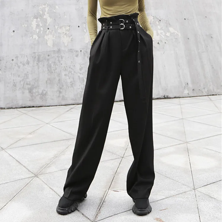 

women pants 2020 autumn Full Length Casual Loose Zipper Fly Sequined Solid High Straight trousers street style