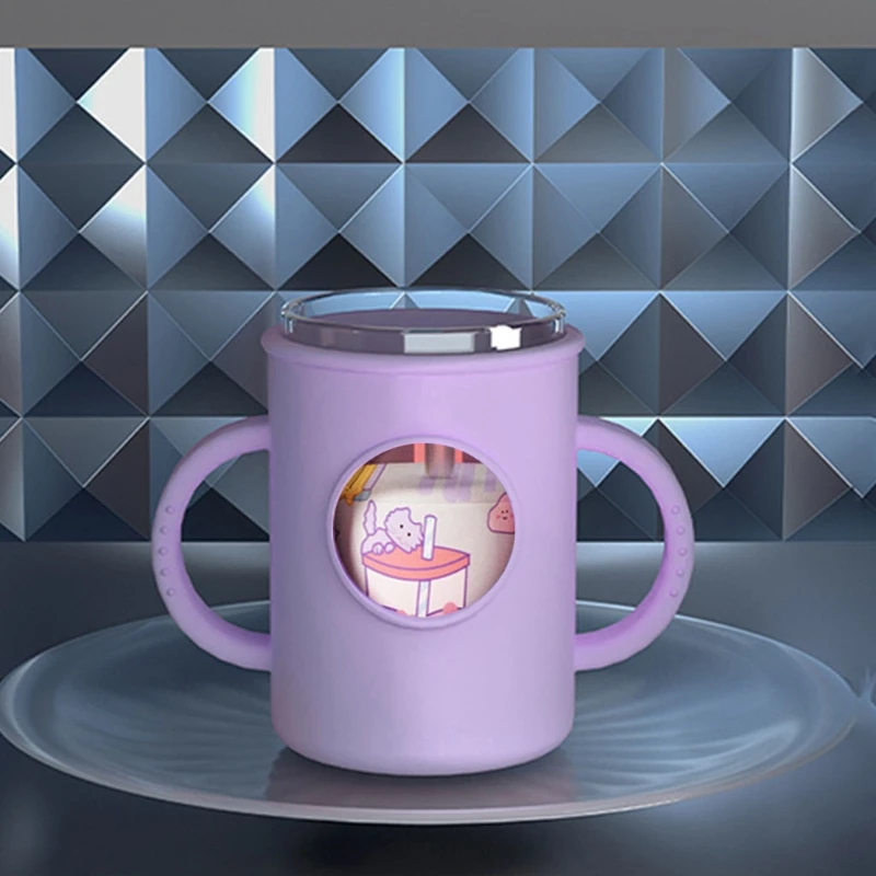 

Anti-falling Baby Milk Cup with Straw Silicone Double Handle Sleeve Children Water Cup Portable Kids Drinking Glasses