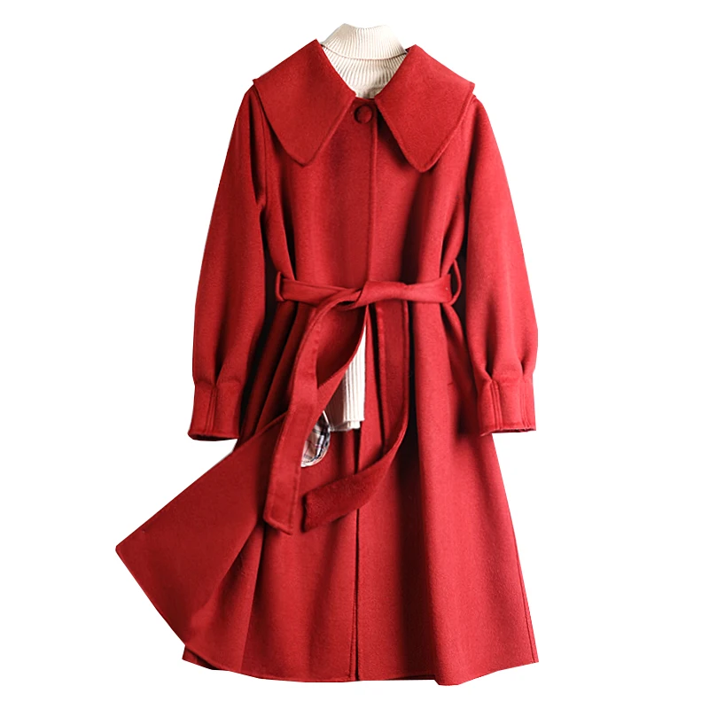 

2020 Autumn Winter New Korean Version Of The Quilted Cashmere Coat Loose Lantern Sleeve Solid Straight Women Red Woolen Coat