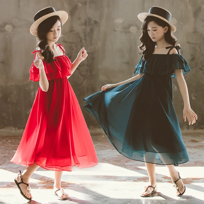 

New Summer Toddler Girls Chiffon Kids Sling Dresses Mesh Off Shoulder Teenager Child Princess Clothes 5 6 7 8 9 10 11 12 Years