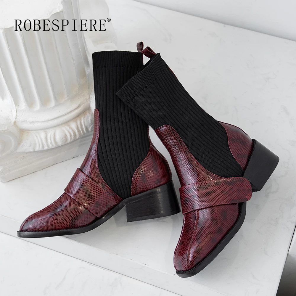 ROBESPIERE/Женские Вязаные сапоги до середины икры обувь из натуральной кожи на