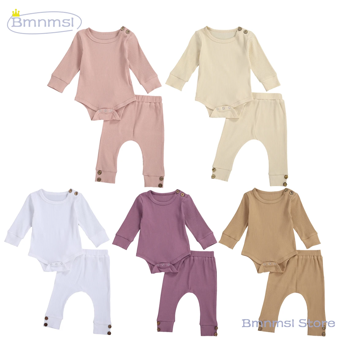 

0-24M Spring Autumn Newborn Baby Girl Boy Ribbed Outfits Long Sleeve Romper+Jogger Pants Crotch Button Solid Color 2pcs Clothes