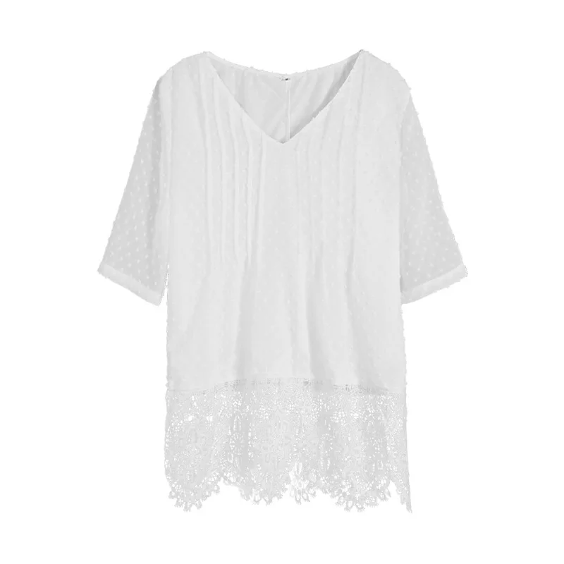 

Donsignet Women Spring 2021 New White Chiffon V-neck Pullover Commuter Fashion Short Sleeve Lace Hollow Stitching Women Shirts