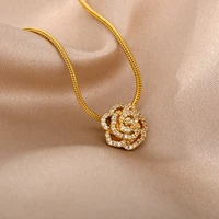 zircon rose flower pendant necklace for women stainless steel snake chain crystal flower choker charm necklace jewelry gift