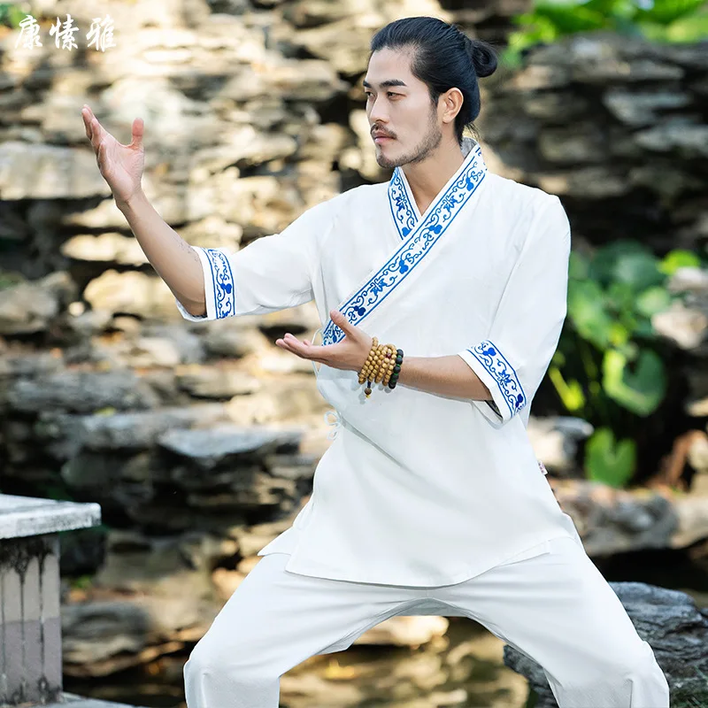 Для мужчин Тай Чи и рисунком кунг-фу медитационная униформа из хлопка льна