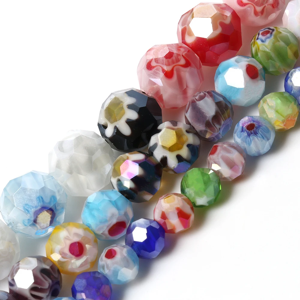 

Faceted AB Color Flower Patterns Lampwork Glass Crafts Beads Round Trendy Loose Spacer Beads for Bracelet Jewelry Making DIY