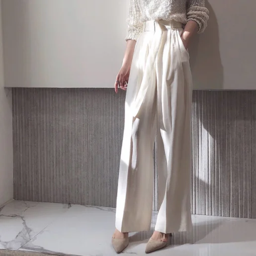 Новые женские весенние брюки с высокой талией офисные поясом модные широкие DG297 |