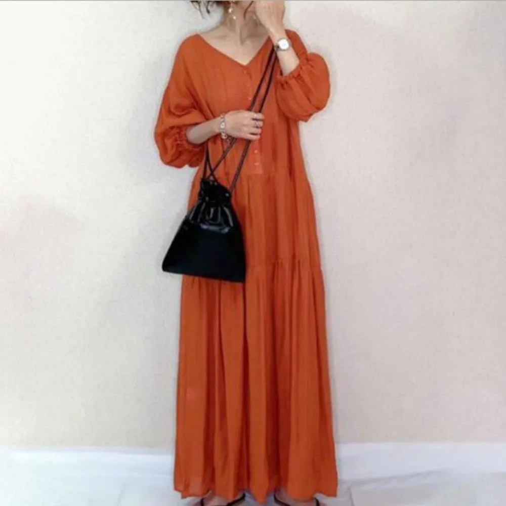 

Japanese Women Dress Fashion V-neck Stitching Long Sleeves Slim Loose Long For Autumn Spring Casual Office Lady Sweet For Dresse