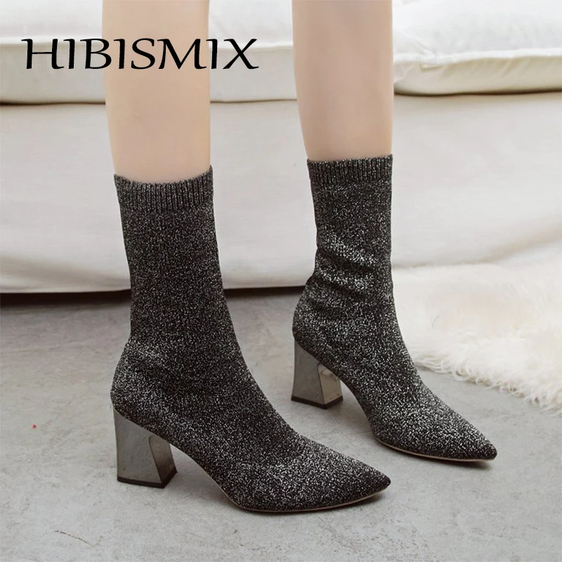 

HIBISMIX Women's Silver Sock Boots Fashion Stretch Knitting Fabric Women Ankle High Heels Boots Women Pointed Toe Shoes 1361
