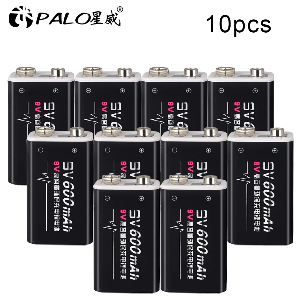 10PCS PALO 600 мА/ч, Батарея 9В батареи 6f22 6F22X 6LR61 9V ионно-литиевая Перезаряжаемые Батарея для радио, Камера, игрушки и так далее - Цвет: 10PCS