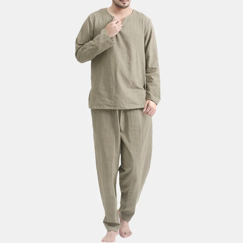 Fashion Men Set Autumn New Casual Pajamas Two Piece Set Thin Breathable Loose Homewear Suit Women Solid Color Pajama Set Men