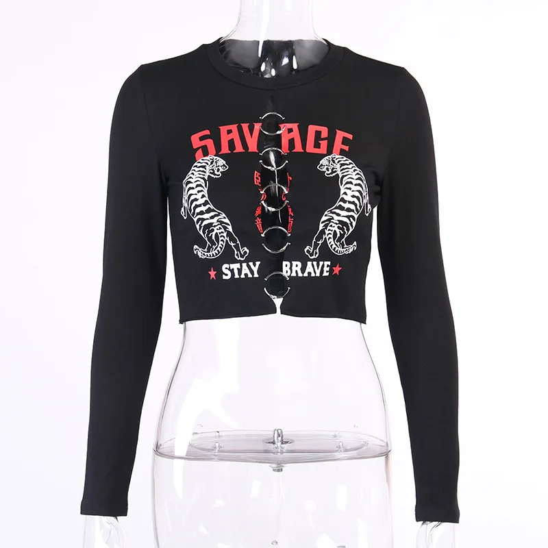 

Spring Summer Sexy Slim Open Navel Iron Ring Tee Shirt Femme Long Sleeve Crop Top Chest Hollow Print Tshirt Women Free Shiping