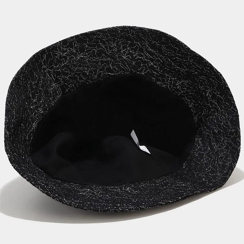 

Elegant Black White Female Summer Thin Bright Silver Silk Bucket Hats Wide Brim Beach UV Protection Sunscreen Fisherman Cap