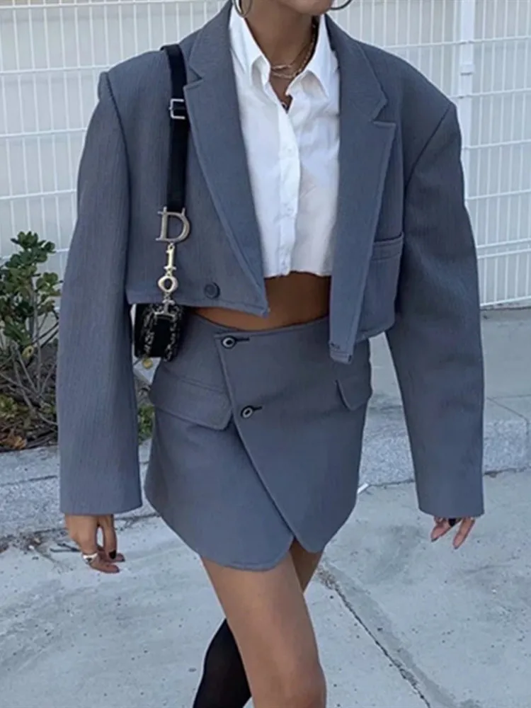 

Women Blazer 2 Pieces Set Mini Skirts Corduroy Short Suit Vintage Solid Elegant Cropped One Button Long Sleeve Notched Blazer
