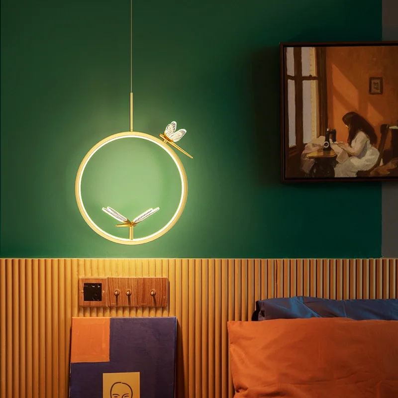 

Bedroom bedside chandelier simple Nordic living room background wall simple creative dragonfly bedside led chandelier
