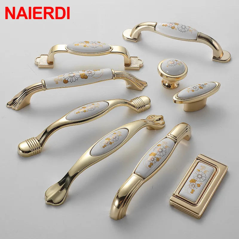NAIERDI 10 шт. китайские керамические золотые белые ручки шкафа из цинкового сплава
