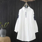 2020 модная блузка ZANZEA женские топы Blusas Дамская Рабочая белая рубашка Повседневная однотонная Туника Топы винтажные рубашки с вышивкой размера плюс