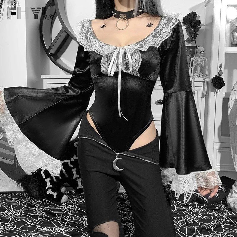 

FHYU Gothic Diablo Style Sexy Lace Long Sleeve Bodysuit Women Street Trend Flared Sleeves Personality Tops S~L Female 21072