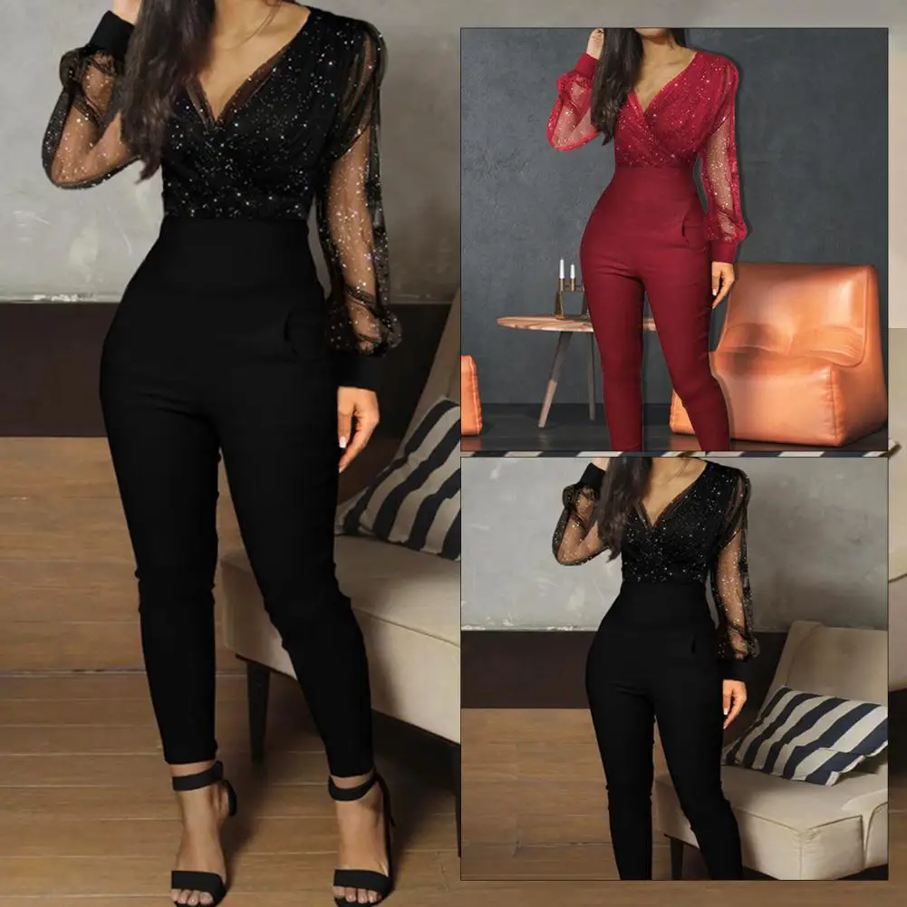 

Rompers Womens Jumpsuit Black Elegant Sequins Mesh Glitter Party Night Sexy 2020 Spring Long Pants One Piece Clothes Overalls