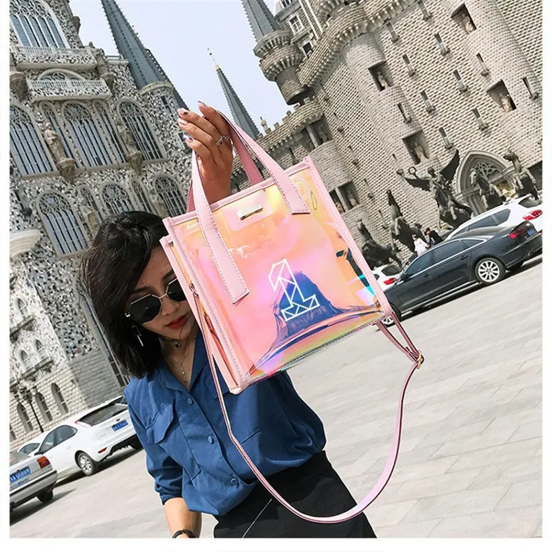 

1 Pcs TWICE GOT7 EXO BP Wanna One Women Handbags Laser Clear Transparent Tote Hologram Handbag Purse Shoulder Bag