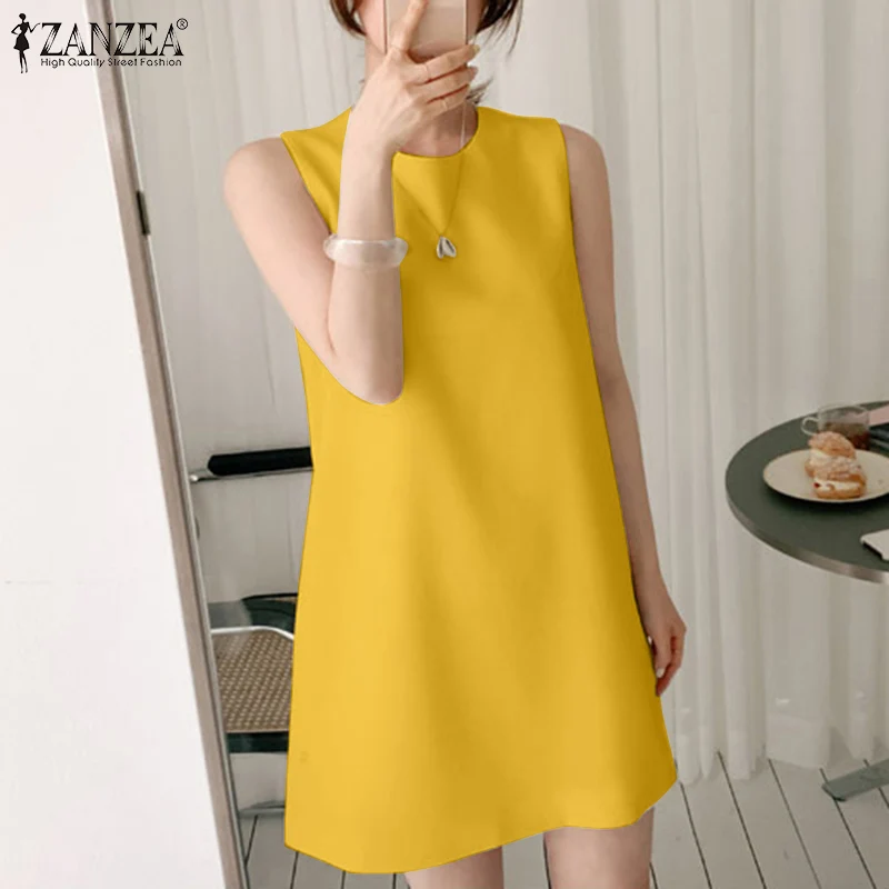

ZANZEA Femme Faldas Largas Elegant Solid Dress Female O Neck A-Line Robe Women Summer Sundress Casual Sleeveless Tank Vestidos