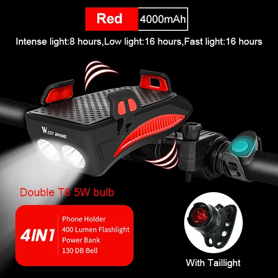 4000 mAh Red Set WEST BIKING 4 в 1 велосипедный светильник вспышки светильник велосипед Рог сигнализации колокол держатель телефона Мощность банка для велосипеда, аксессуары для езды на велосипеде, спереди светильник - Цвет: 4000 mAh Red Set
