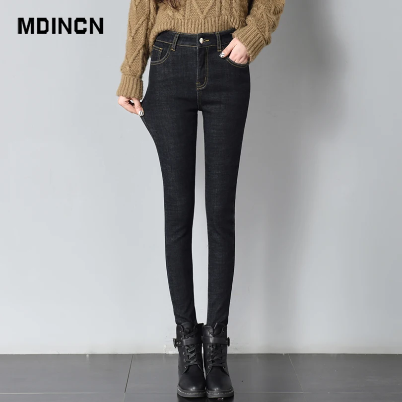 MDINCN однотонные джинсы для женщин с высокой талией Зимние новые брюки ног