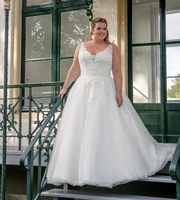 elegant plus size wedding dress 2022 v neck appliqued ivory a line bridal gown robe de mariage open back straps lace up custom