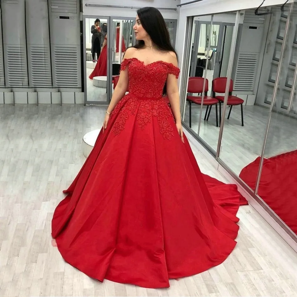 

Sweetheart Red Off Soulder Women Formal Satin Evening Dresses Party Robe De Soiree Elegant A-Line Appliques Long Prom Dress