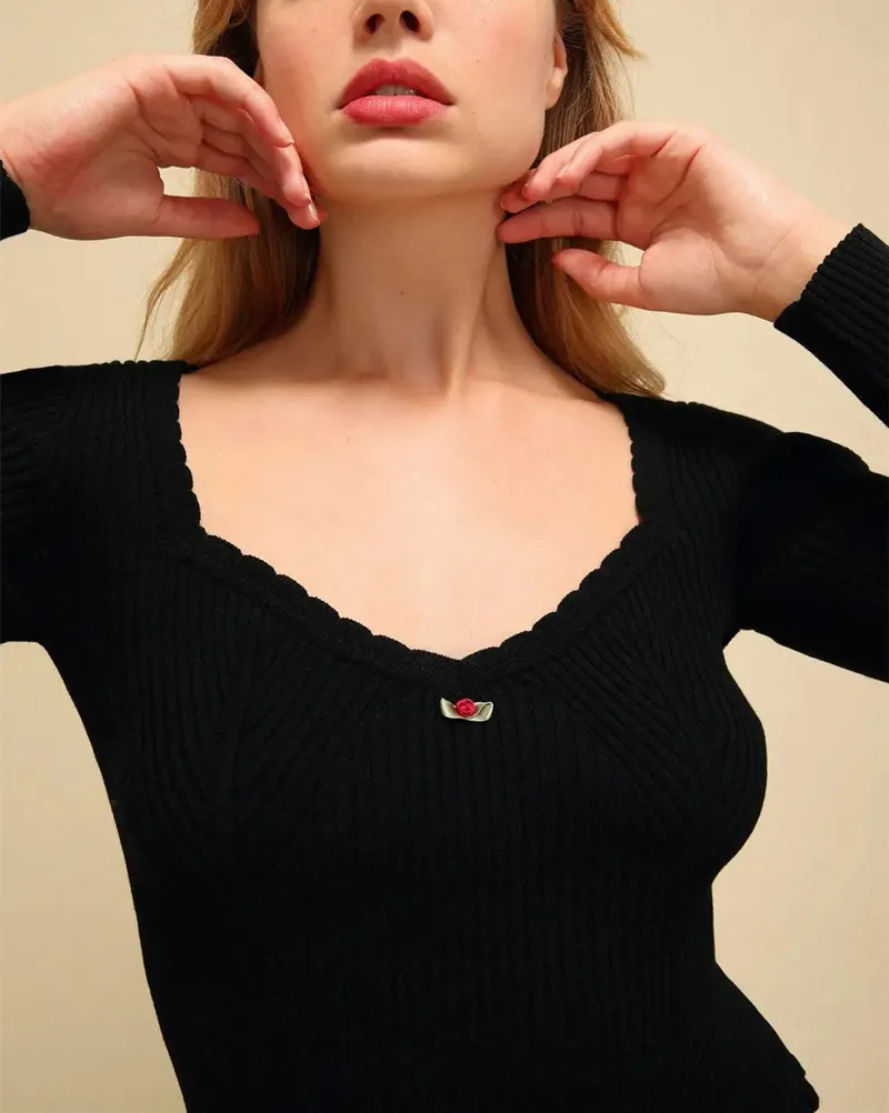 Женский трикотажный свитер с V-образным вырезом и длинным рукавом | Женская