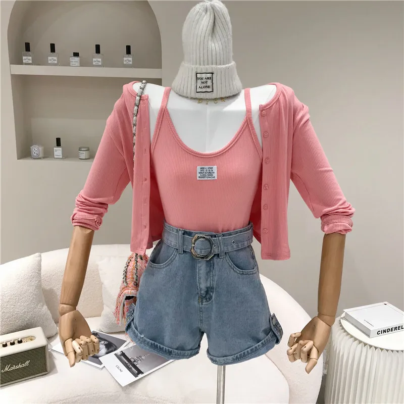 

Niche Design Two Piece Set Women's Spring Summer 2021 Fashion Solid Thin Sunscreen Shirt Set Short Slim Suspender Vest