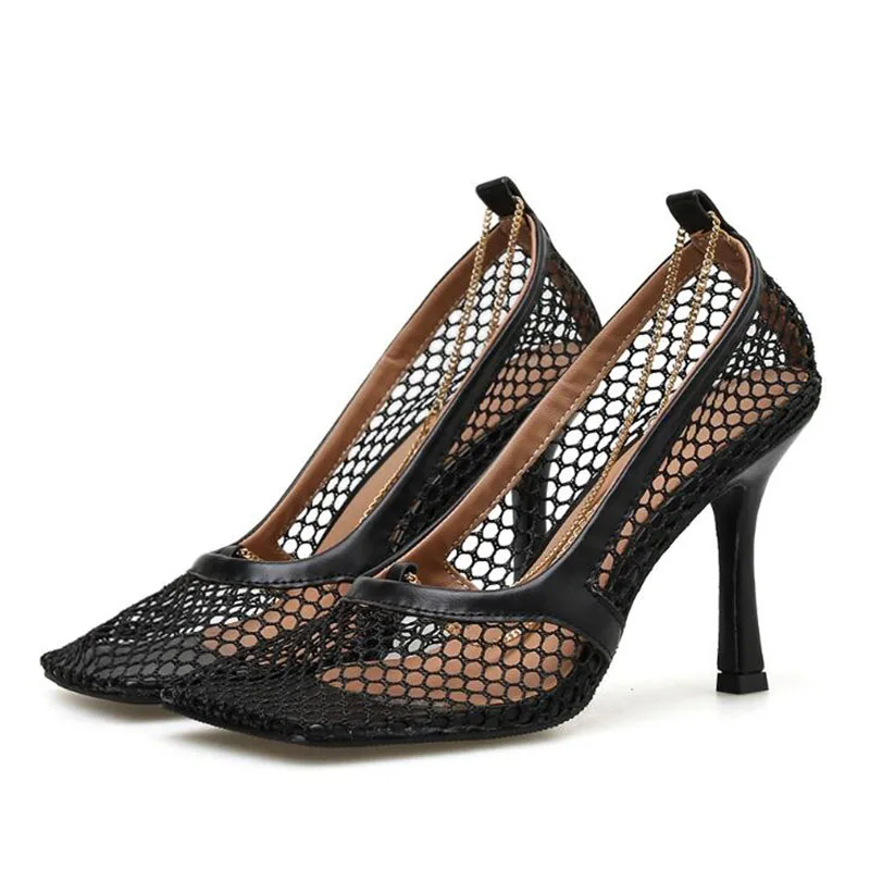 Пикантные сетчатые туфли на высоком каблуке шпильке с квадратной металлической