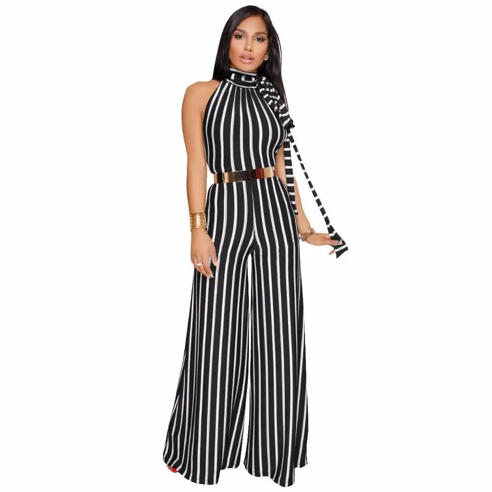 

ZITY Casual Backless Sashes Wide Leg Women Striped Jumpsuit Turtleneck Top Long Loose Pants Ladies Jumpsuits